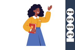 Woman waving hand holding red book smiling curly hair vector Product Image 1