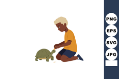 Boy feeding tortoise outdoor care and animal friendship vect Product Image 1