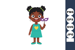 Girl holding purple mask wearing blue dress with heart symbo Product Image 1