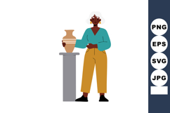 Woman exhibiting pottery art standing next to display pedest Product Image 1