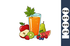 Glass of orange juice with fresh assorted fruits including a Product Image 1