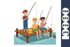 Boys fishing on wooden pier summer leisure activity vector i Product Image 1