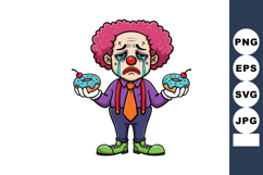 Sad clown with pink hair holding two blue frosted donuts wit Product Image 1