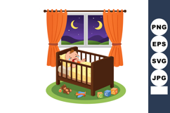 Baby sleeping in crib at night with orange curtains and toys Product Image 1