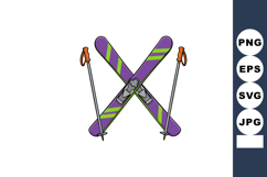 Crossed purple skis with green stripes and orange-handled sk Product Image 1