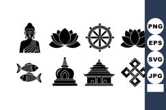 Buddha statue lotus flowers dharma wheel fish temple stupa e Product Image 1