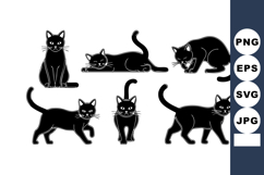 Black cat poses in various positions set with sitting walkin Product Image 1