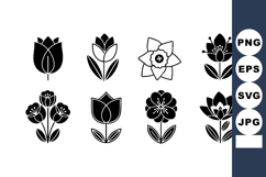 Black and white floral icons set with tulip daffodil and lot Product Image 1