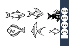 Set of six hand-drawn black and white fish vector illustrati Product Image 1