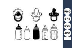 Baby pacifiers and feeding bottles set simple black and whit Product Image 1