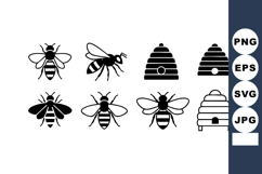 Bee and Beehive Icons Set Vector with Simple Black Silhouett Product Image 1