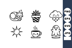 Cute cartoon icons set with sleeping cat, potted plant, rain Product Image 1
