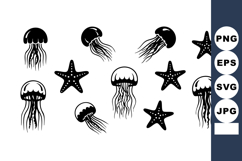 Jellyfish and starfish marine creatures black silhouette vec Product Image 1