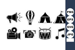 Event icons megaphone hot air balloon circus tents video cam Product Image 1