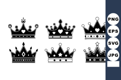 Six Black Silhouette Crowns Vector Collection with Hearts St Product Image 1