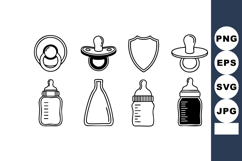Baby pacifiers and feeding bottles vector set with simple ou Product Image 1