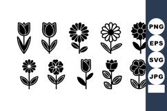 Set of simple black vector flower icons with tulip and daisy Product Image 1