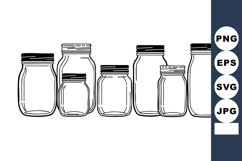 Collection of different empty glass jars with black lids in Product Image 1
