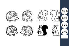 Cute hedgehog and squirrel cartoon characters in black and w Product Image 1