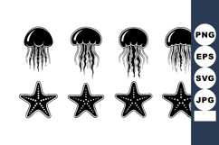 Jellyfish and starfish silhouette vector icons with underwat Product Image 1
