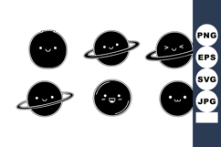 Cute cartoon planets with rings and faces in black and white Product Image 1