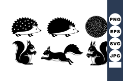 Hedgehog and squirrel silhouettes in simple black vector sha Product Image 1