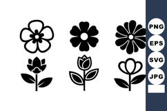 Simple black silhouette floral flower icons set with leaves Product Image 1