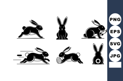 Black silhouette running and sitting rabbits in various dyna Product Image 1