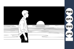 Young man watching sunset over calm sea horizon in black and Product Image 1