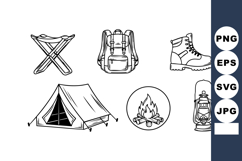 Camping equipment set including tent, backpack, campfire, la Product Image 1