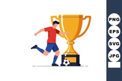 Soccer player kicking ball near large golden trophy cup cele Product Image 1
