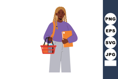 Young woman holding shopping basket and folder wearing purpl Product Image 1