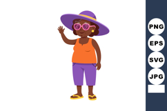 Elderly woman wearing large purple hat and sunglasses waving Product Image 1