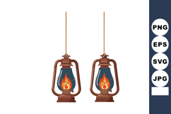 Vintage oil lanterns with burning flames hanging in rustic s Product Image 1