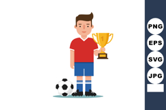 Young soccer player holding first place trophy standing next Product Image 1