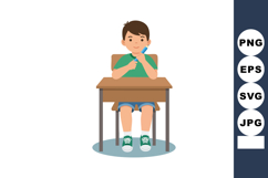 Boy sitting at school desk writing with pen learning educati Product Image 1