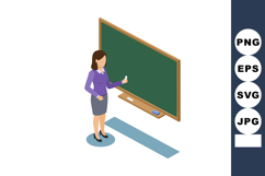 Woman teacher standing near green chalkboard holding chalk i Product Image 1