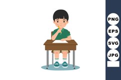 Boy Thinking While Sitting at School Desk Doing Homework or Product Image 1
