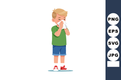 Boy sneezing and blowing nose with tissue in green shirt and Product Image 1