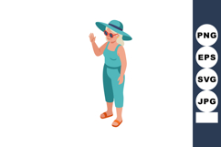 Elderly woman wearing teal summer outfit with hat and sungla Product Image 1