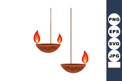 Traditional clay oil lamps with bright flames hanging on str Product Image 1