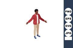 Man wearing red jacket and beige pants standing with open ar Product Image 1