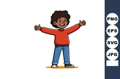 Boy with curly hair wearing red sweater and blue jeans stand Product Image 1