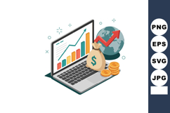 Laptop with growing financial graph and money bag showing gl Product Image 1
