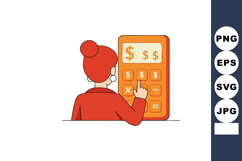 Woman using large orange calculator with money symbols finan Product Image 1