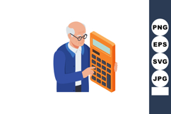 Elderly man holding large orange calculator performing calcu Product Image 1