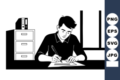 Young man writing notes at desk in monochrome office scene v Product Image 1