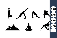 Yoga Poses Silhouettes with Mountain Landscape Vector for Mi Product Image 1