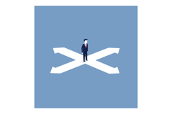 A businessman standing at a crossroads with white arrows on Product Image 1