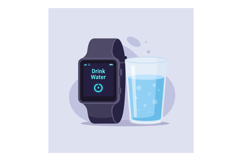 Smartwatch displaying hydration reminder beside a glass of w Product Image 1